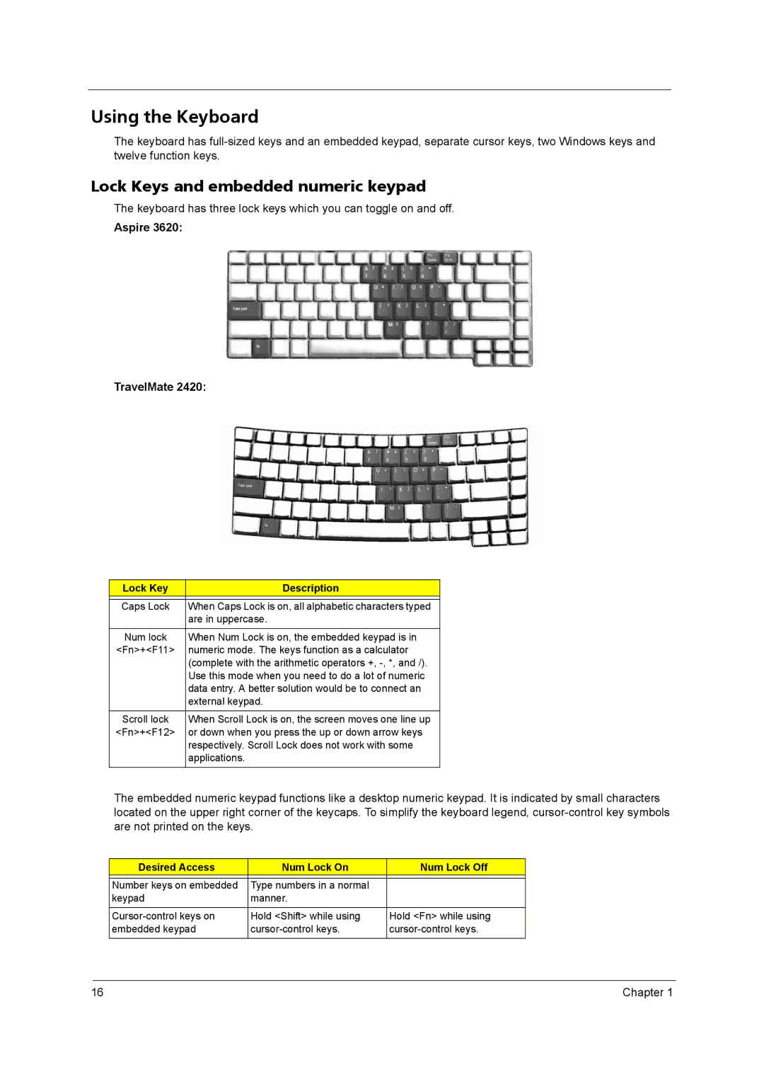 Acer 2420 manual Using the Keyboard, Lock Keys and embedded numeric keypad, Lock Key Description 