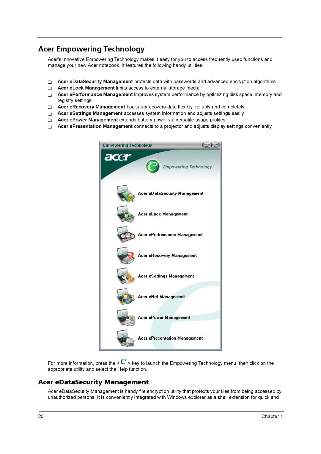 Acer 2420 manual Acer Empowering Technology, Acer eDataSecurity Management 