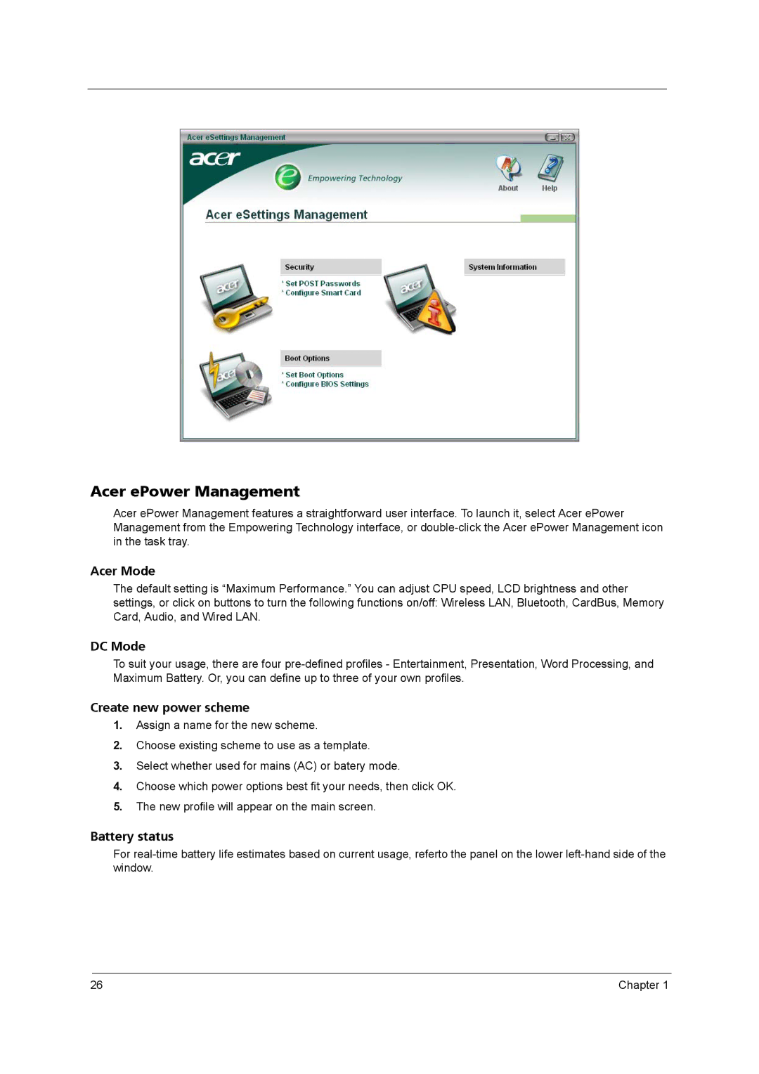 Acer 2420 manual Acer ePower Management, Acer Mode 