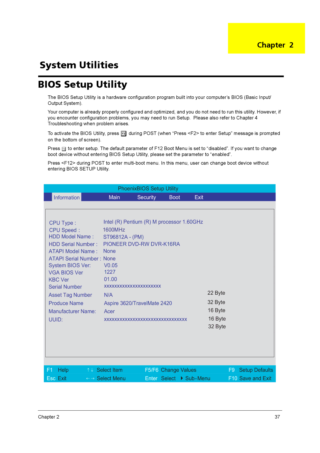 Acer 2420 manual System Utilities Bios Setup Utility, Main Security Boot Exit 