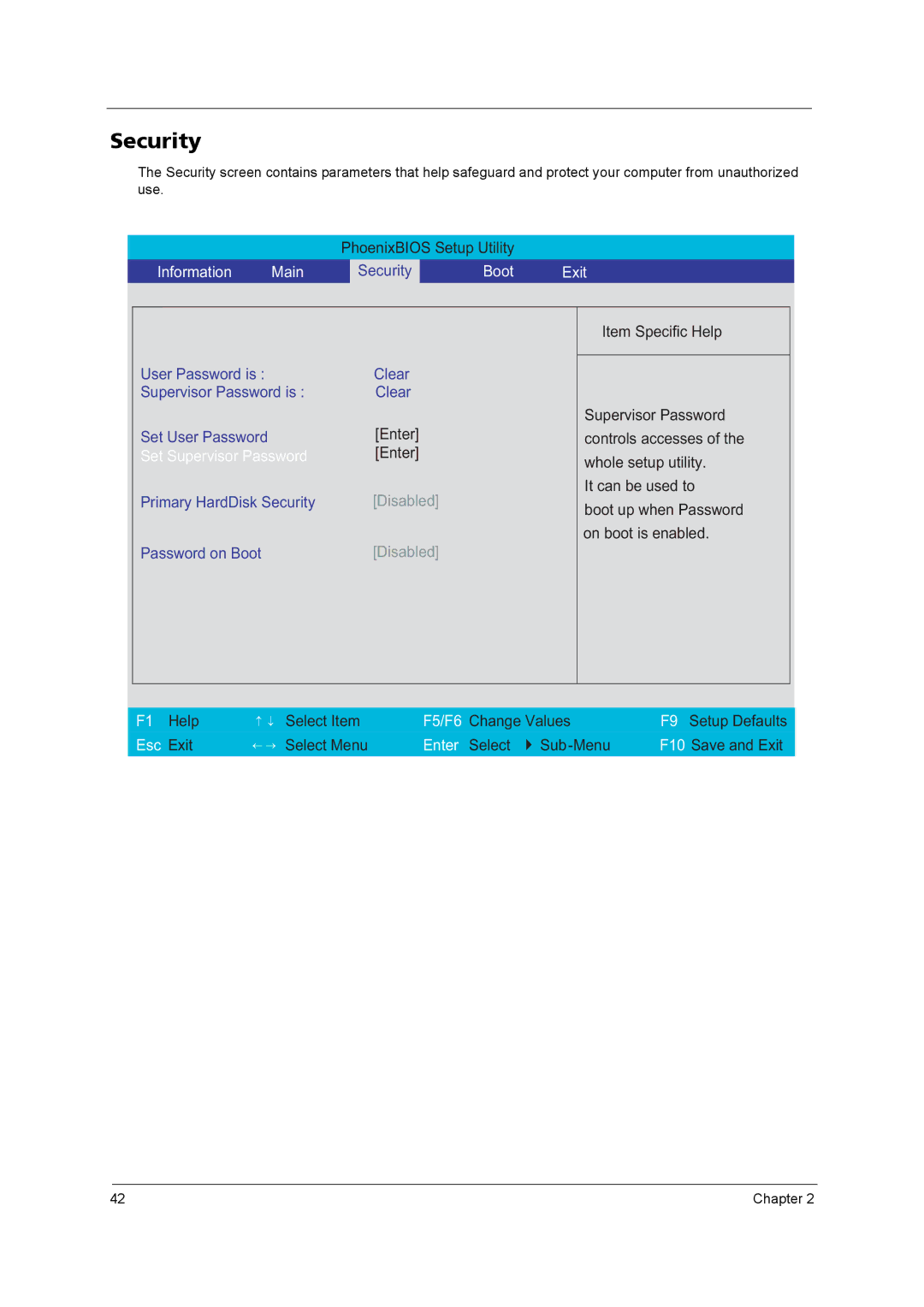 Acer 2420 manual Security, Boot Exit 