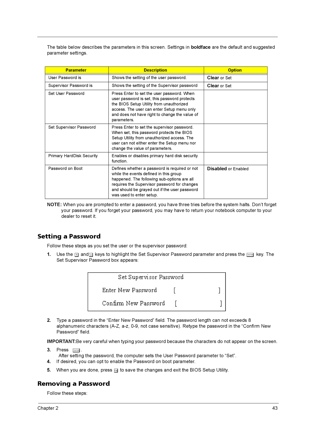 Acer 2420 manual Setting a Password, Removing a Password, Clear or Set, Parameter Description Option 