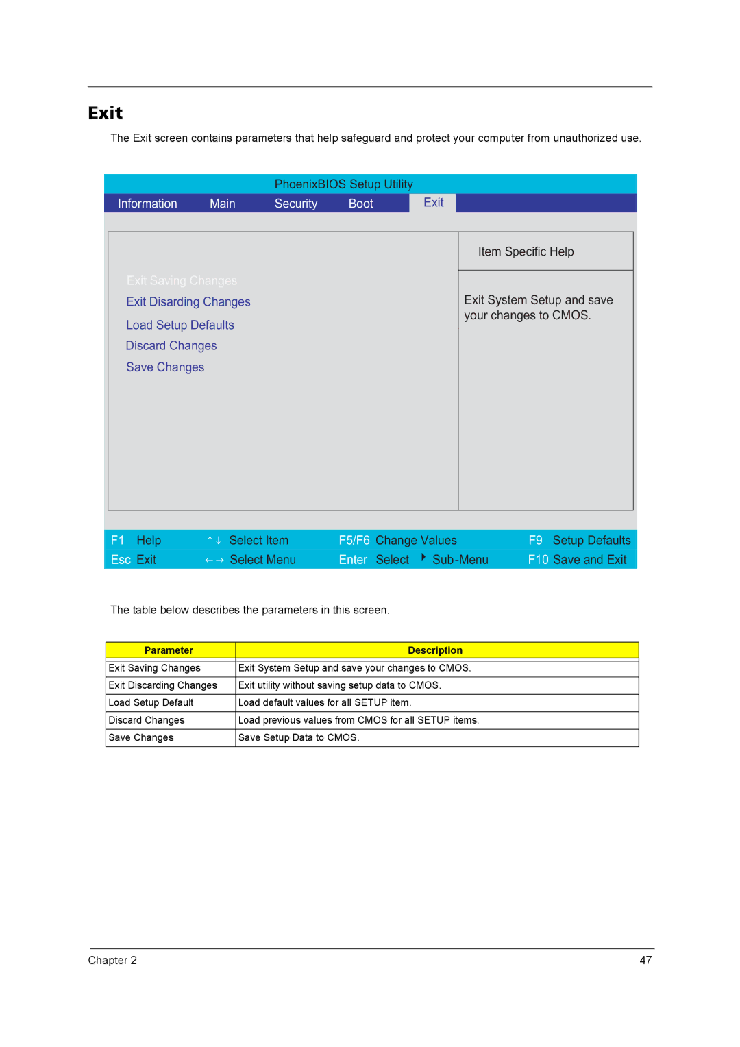 Acer 2420 manual Exit, Information Main Security Boot 