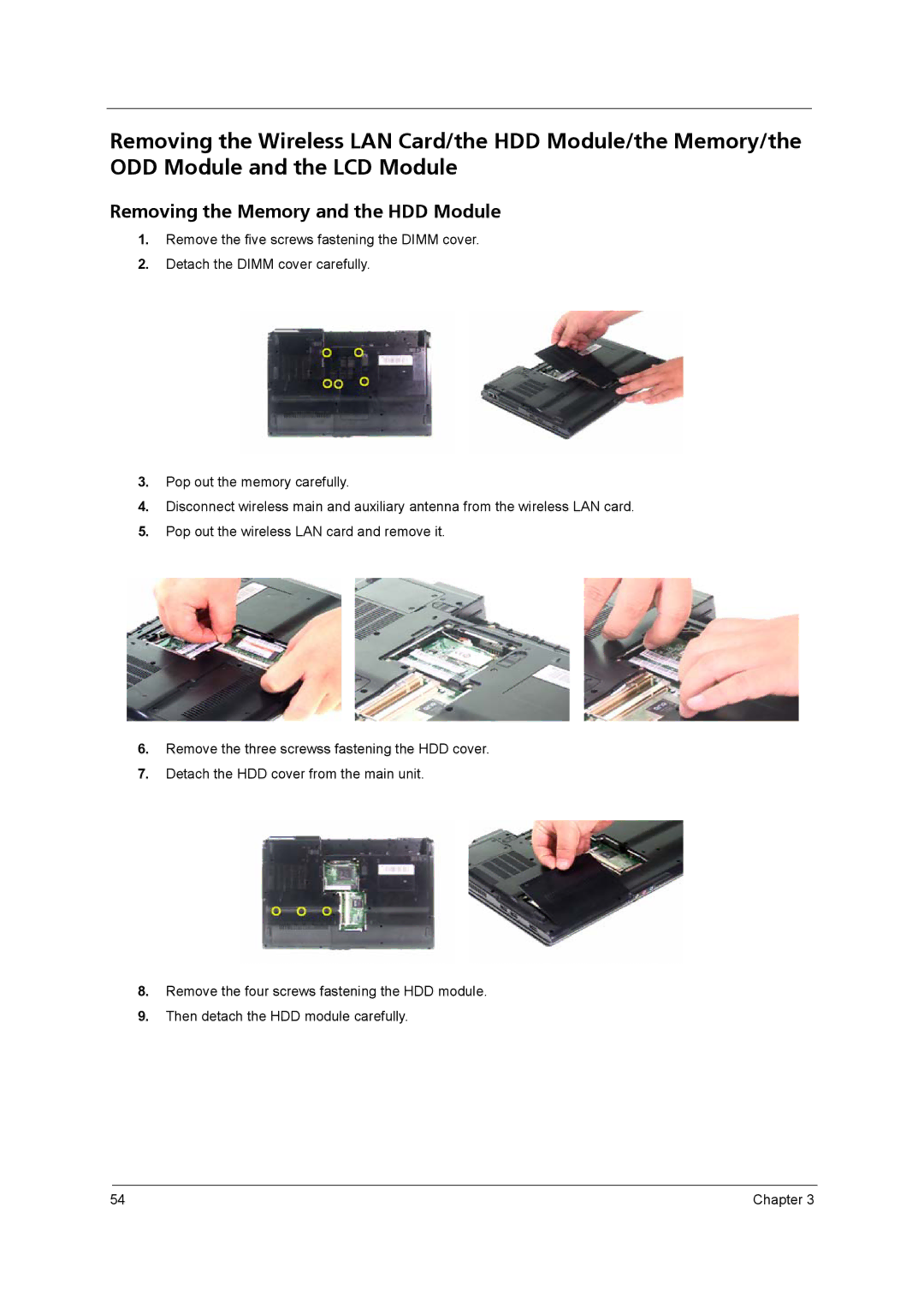 Acer 2420 manual Removing the Memory and the HDD Module 