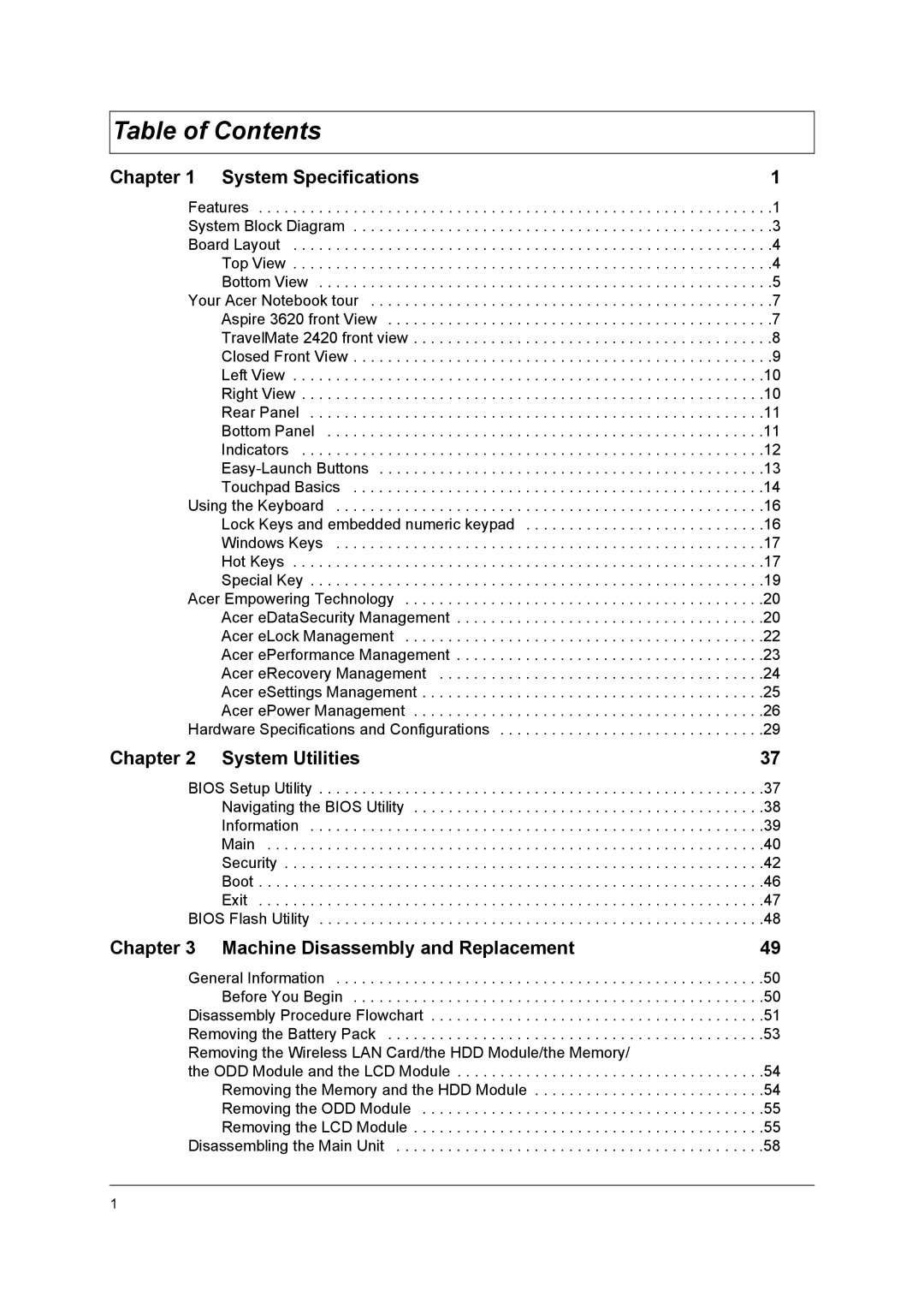 Acer 2420 manual Table of Contents 