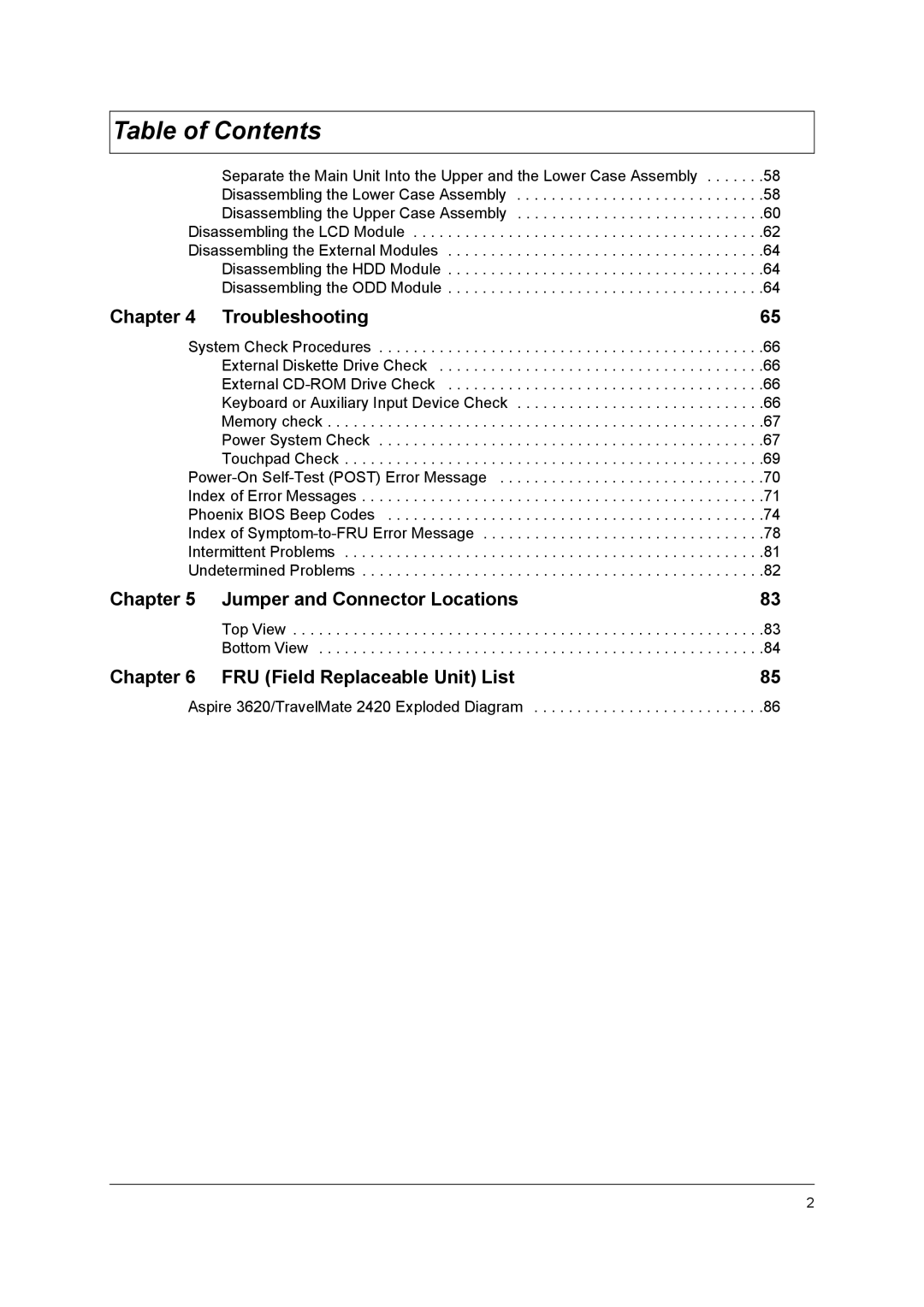 Acer 2420 manual Troubleshooting, Jumper and Connector Locations, FRU Field Replaceable Unit List 