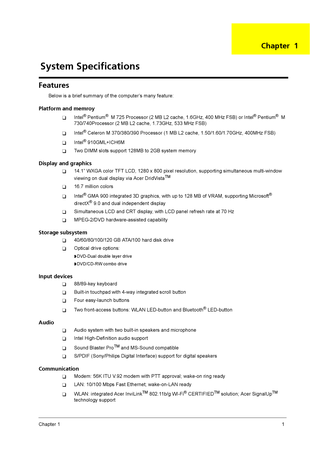 Acer 2420 manual System Specifications, Chapter, Features 