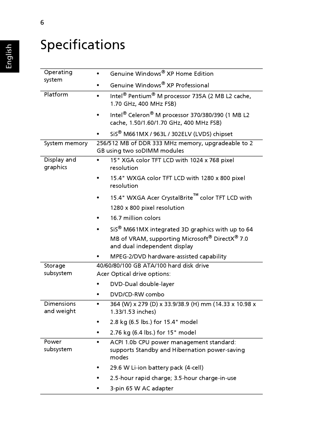 Acer 2430 Series manual Specifications 