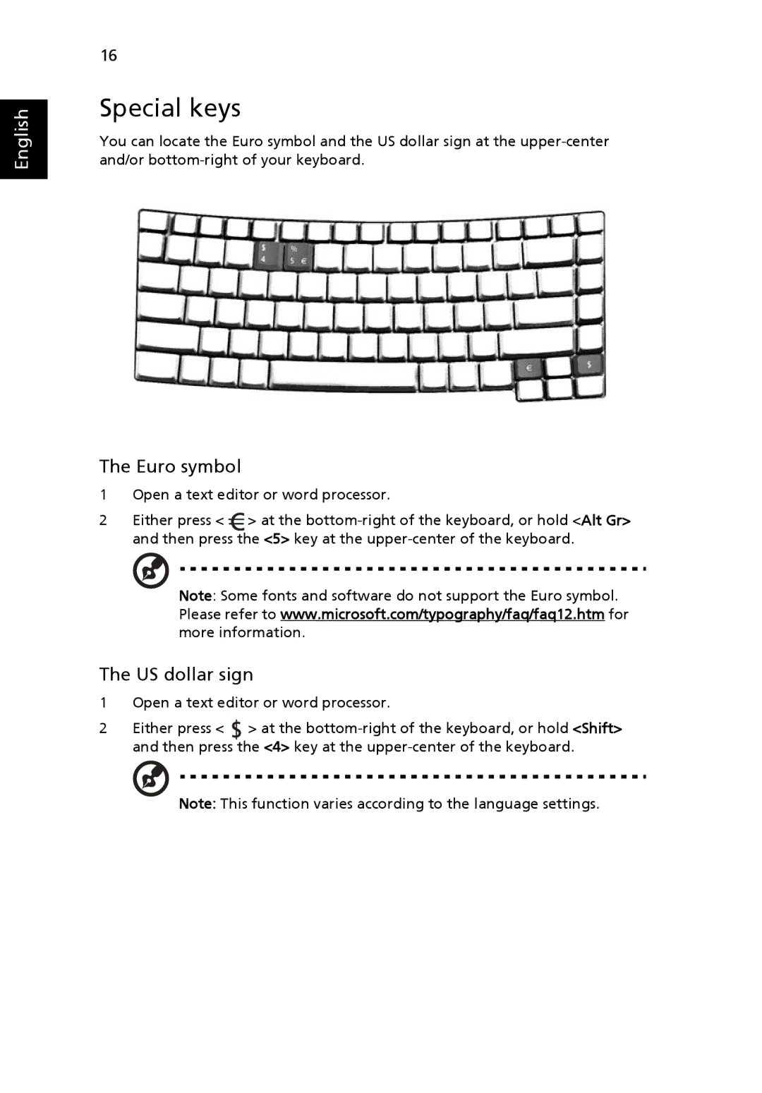 Acer 2430 Series manual Special keys, Euro symbol 