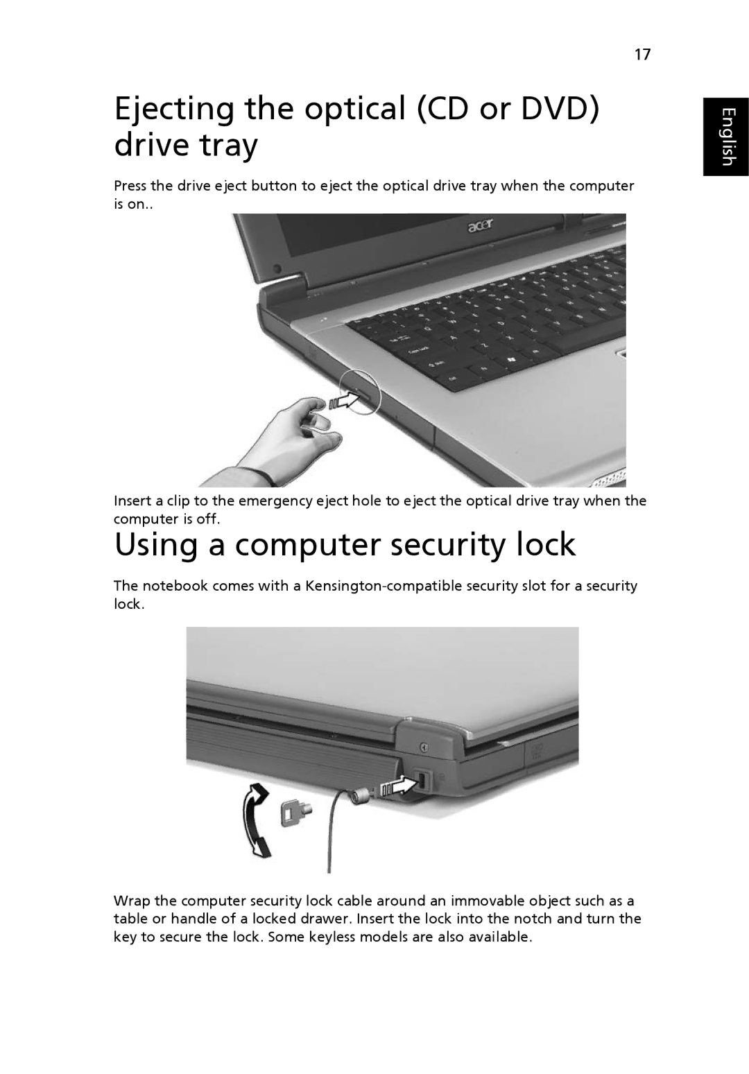 Acer 2430 Series manual Ejecting the optical CD or DVD drive tray, Using a computer security lock 