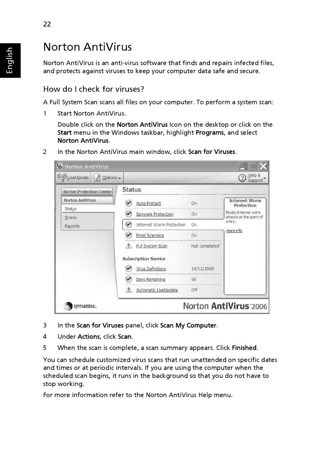 Acer 2430 Series manual Norton AntiVirus, Scan for Viruses panel, click Scan My Computer 