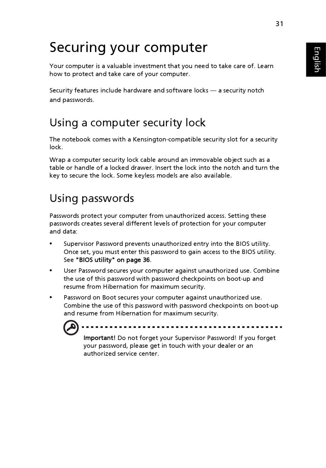 Acer 2430 Series manual Securing your computer, Using a computer security lock, Using passwords 