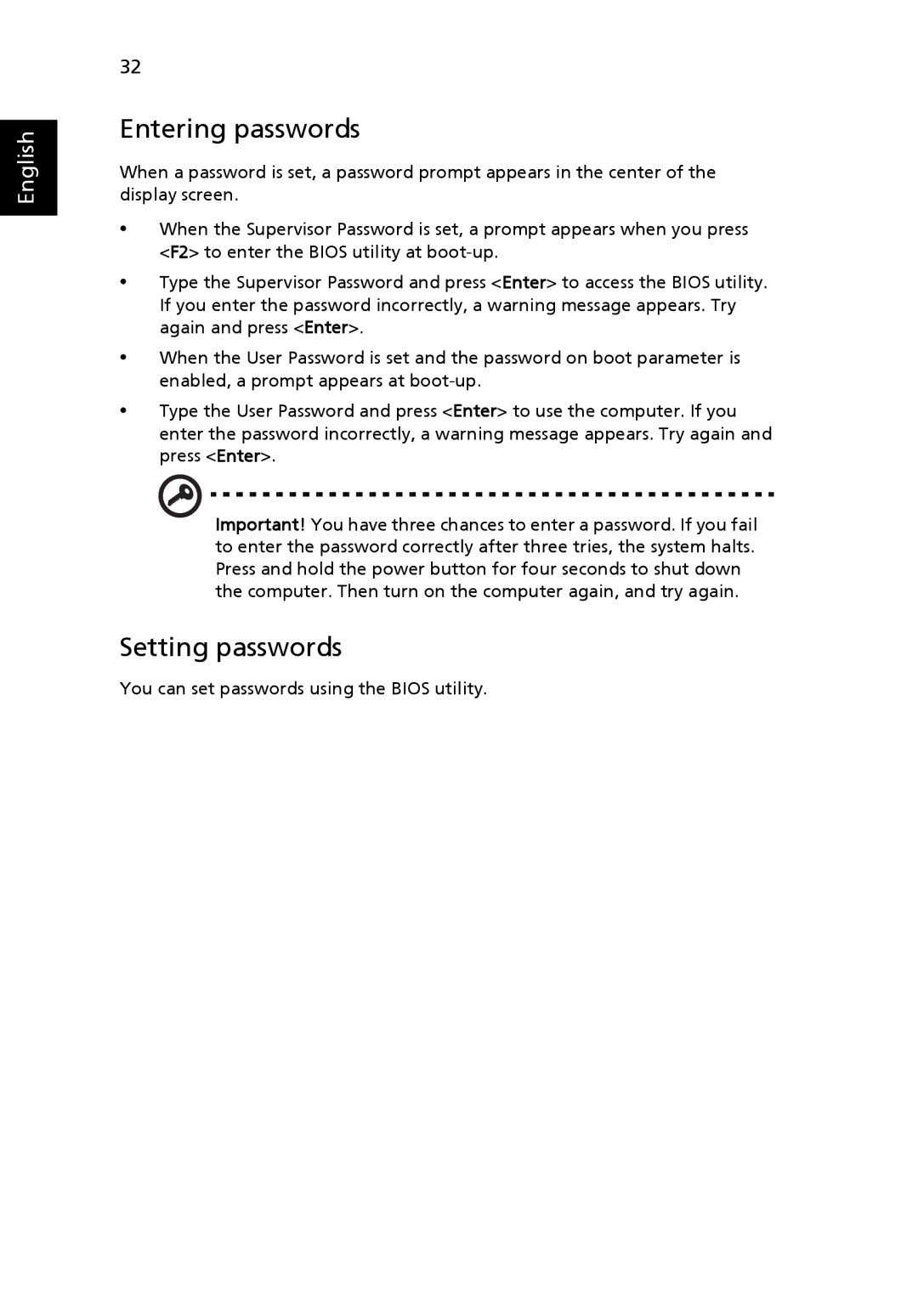 Acer 2430 Series manual Entering passwords, Setting passwords 