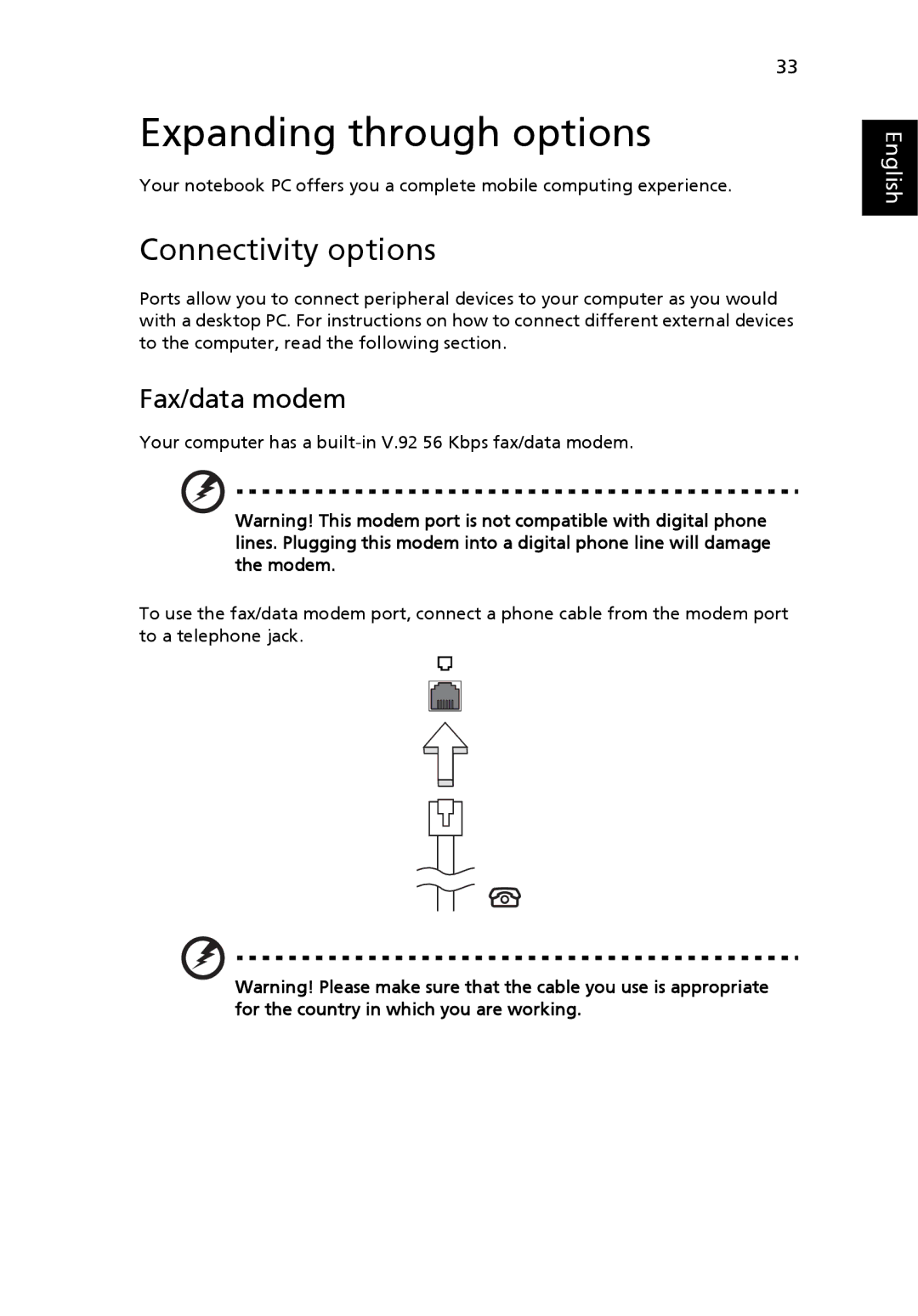 Acer 2430 Series manual Expanding through options, Connectivity options, Fax/data modem 