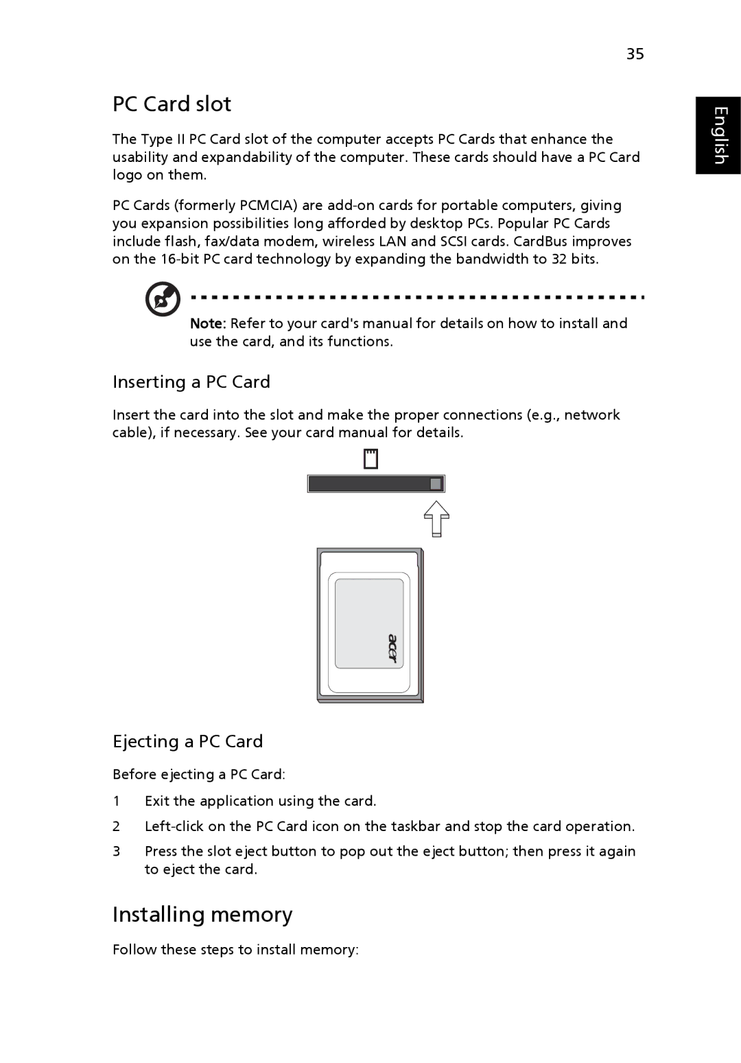 Acer 2430 Series manual PC Card slot, Installing memory 