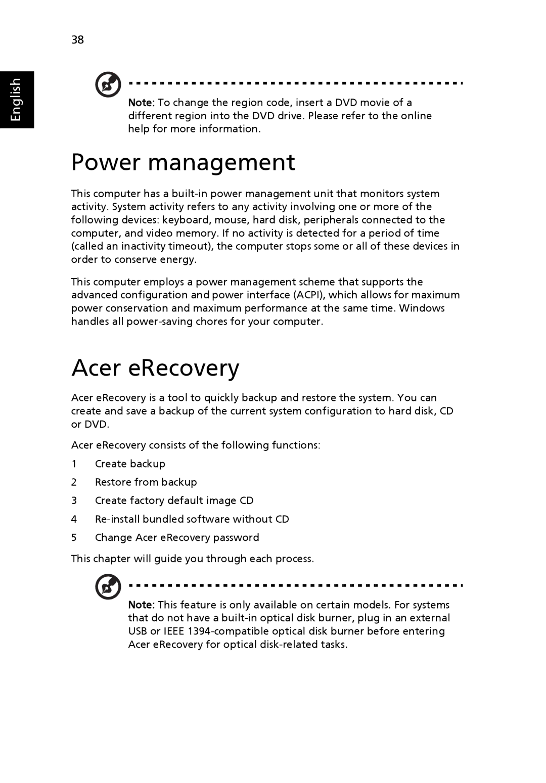 Acer 2430 Series manual Power management, Acer eRecovery 