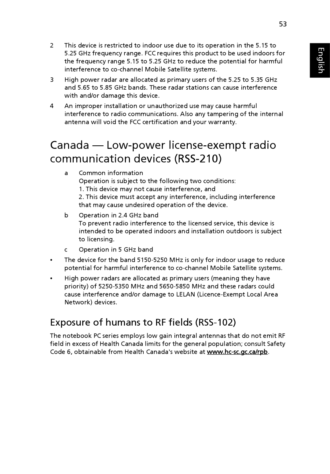 Acer 2430 Series manual Exposure of humans to RF fields RSS-102 