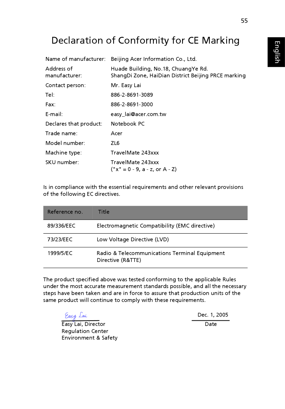 Acer 2430 Series manual Declaration of Conformity for CE Marking 