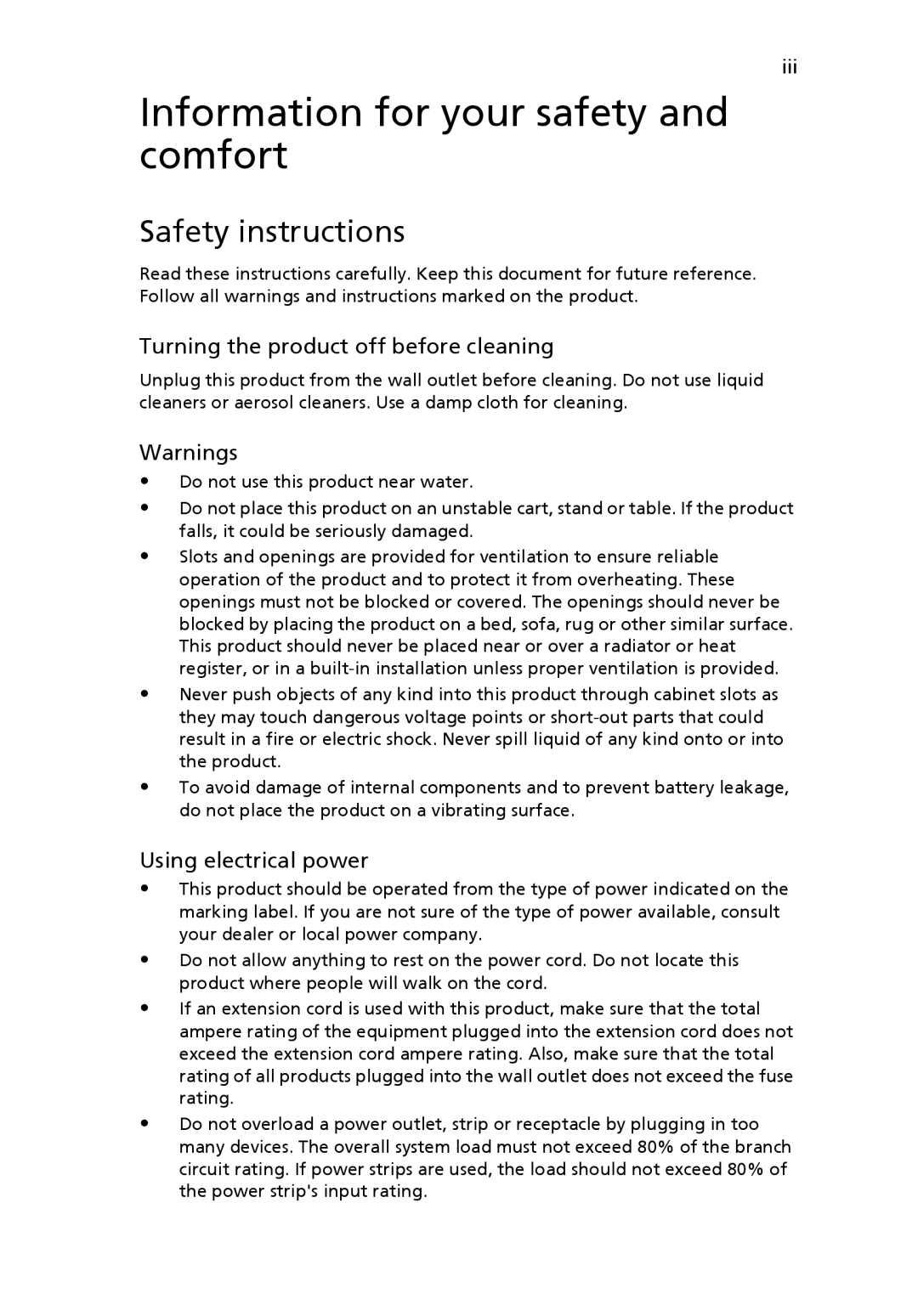 Acer 2440 Series Information for your safety and comfort, Safety instructions, Turning the product off before cleaning 