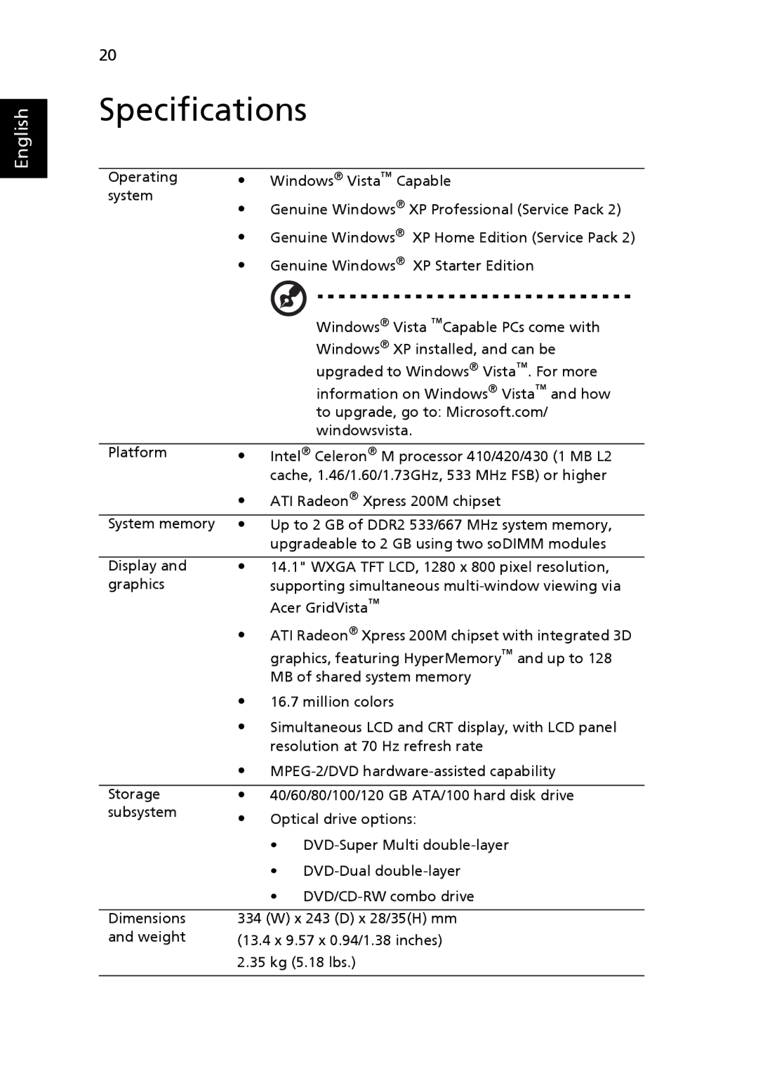 Acer 2440 Series manual Specifications 