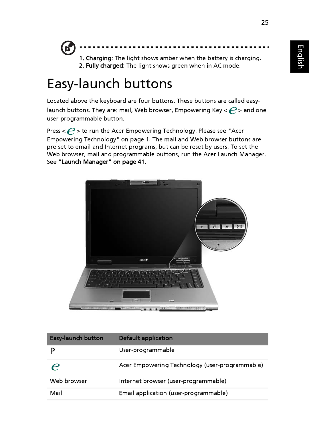 Acer 2440 Series manual Easy-launch buttons, Easy-launch button Default application 