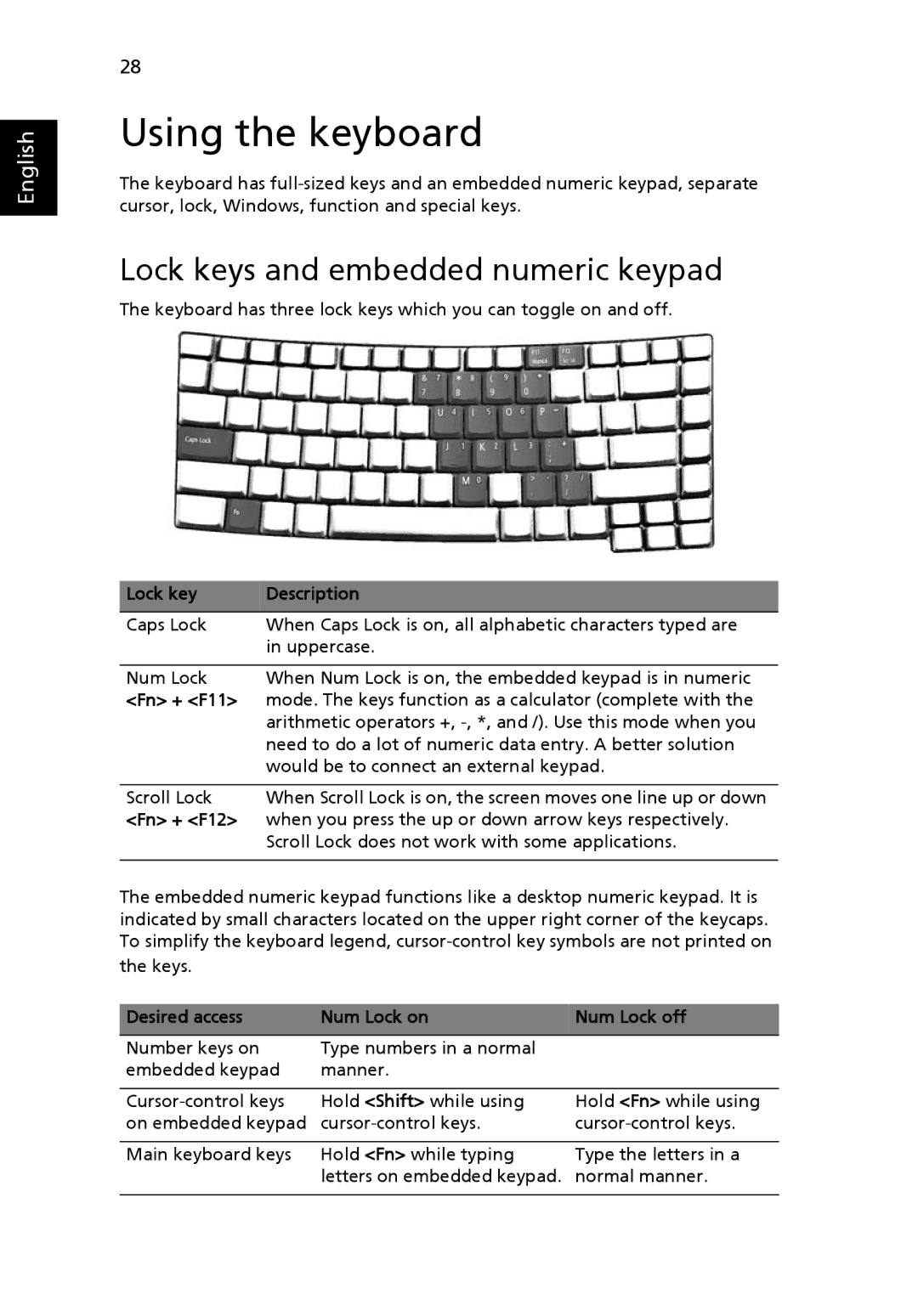 Acer 2440 Series manual Using the keyboard, Lock keys and embedded numeric keypad 