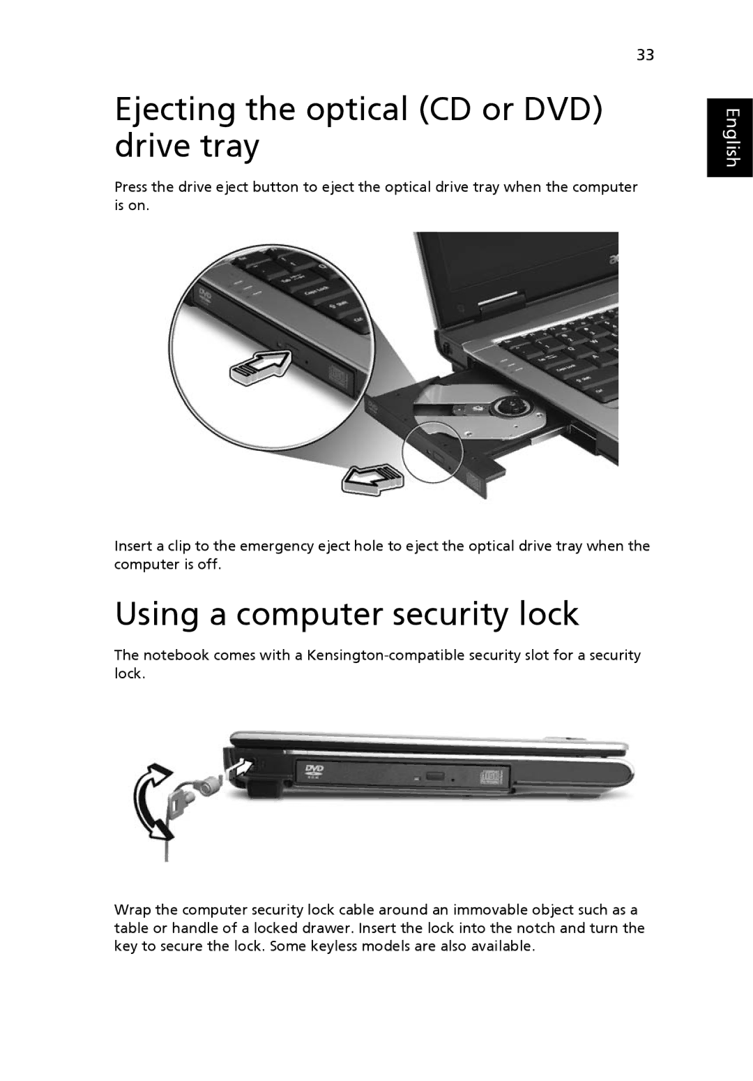 Acer 2440 Series manual Ejecting the optical CD or DVD drive tray, Using a computer security lock 