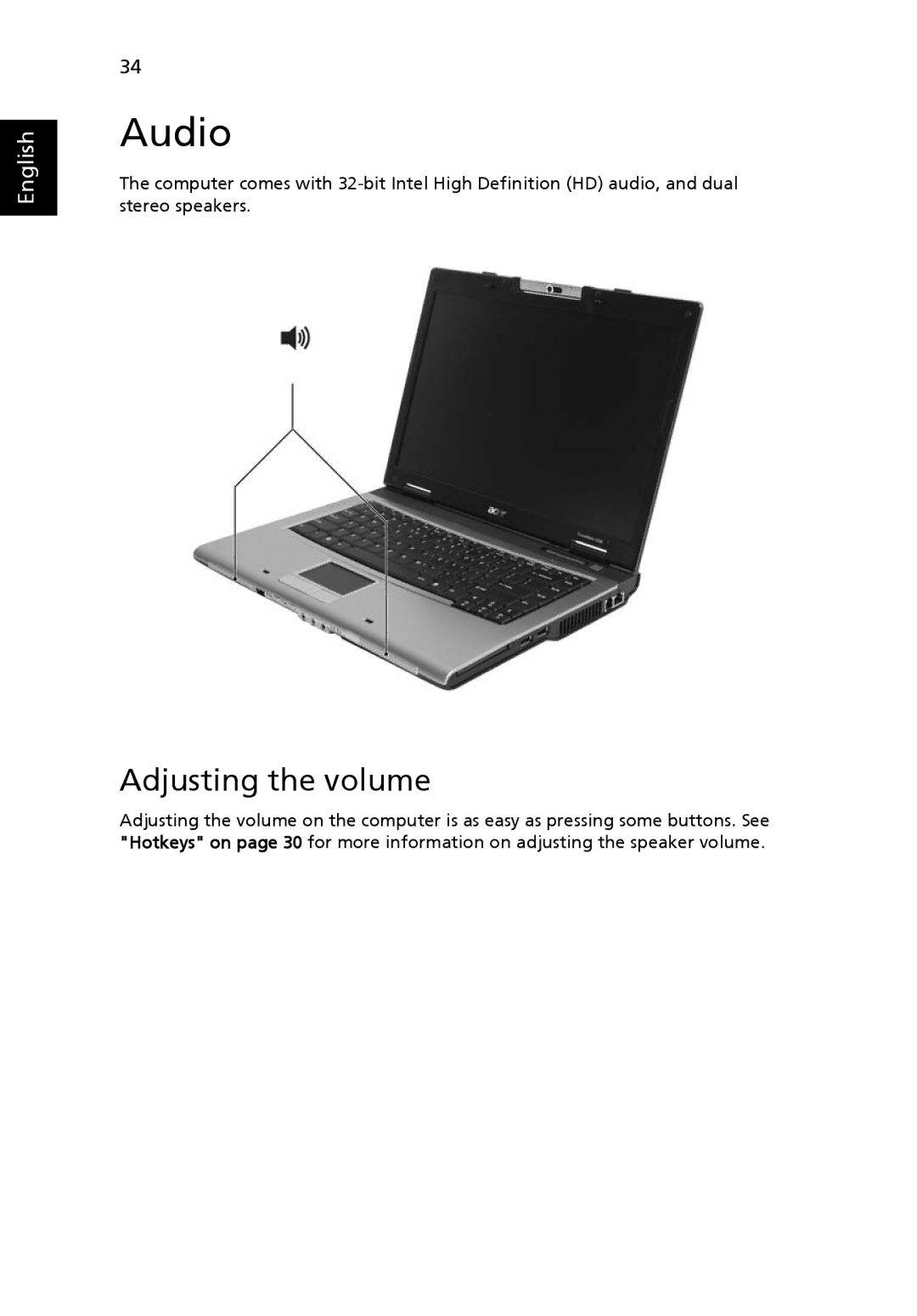 Acer 2440 Series manual Audio, Adjusting the volume 