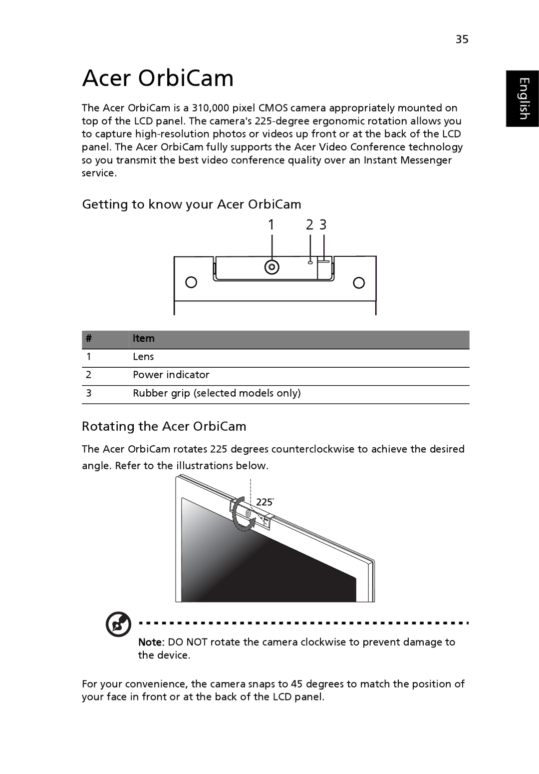 Acer 2440 Series manual Getting to know your Acer OrbiCam, Rotating the Acer OrbiCam, # Item 