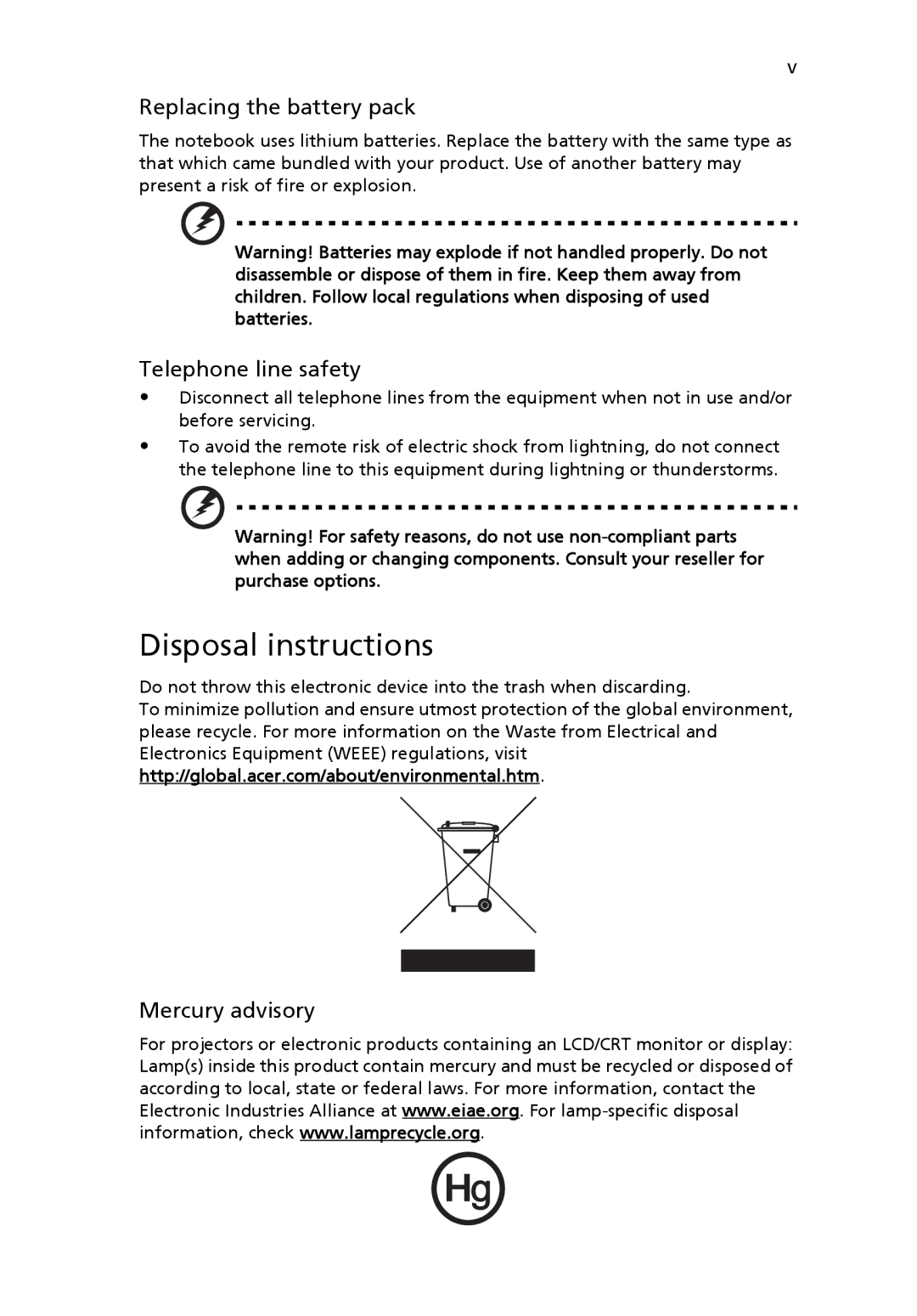 Acer 2440 Series manual Disposal instructions, Replacing the battery pack Telephone line safety, Mercury advisory 