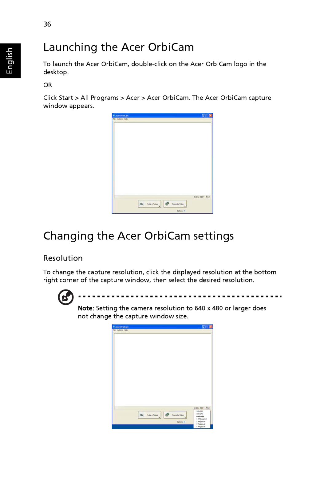 Acer 2440 Series manual Launching the Acer OrbiCam, Changing the Acer OrbiCam settings, Resolution 