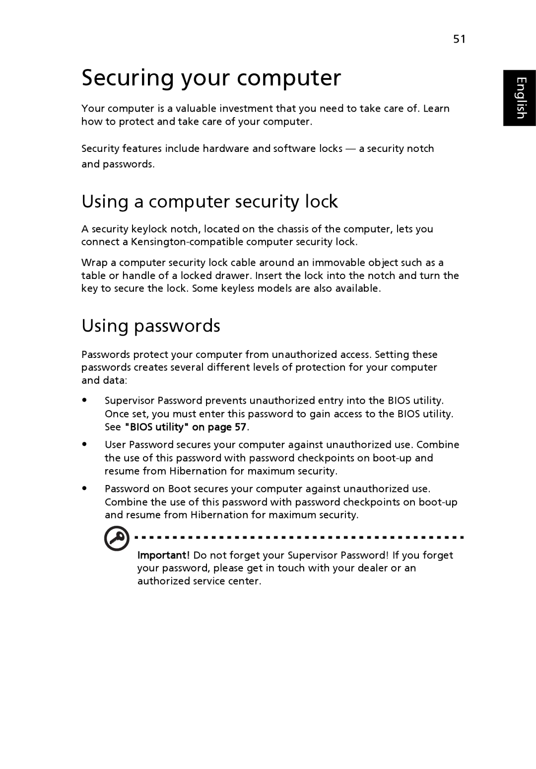 Acer 2440 Series manual Securing your computer, Using a computer security lock, Using passwords 