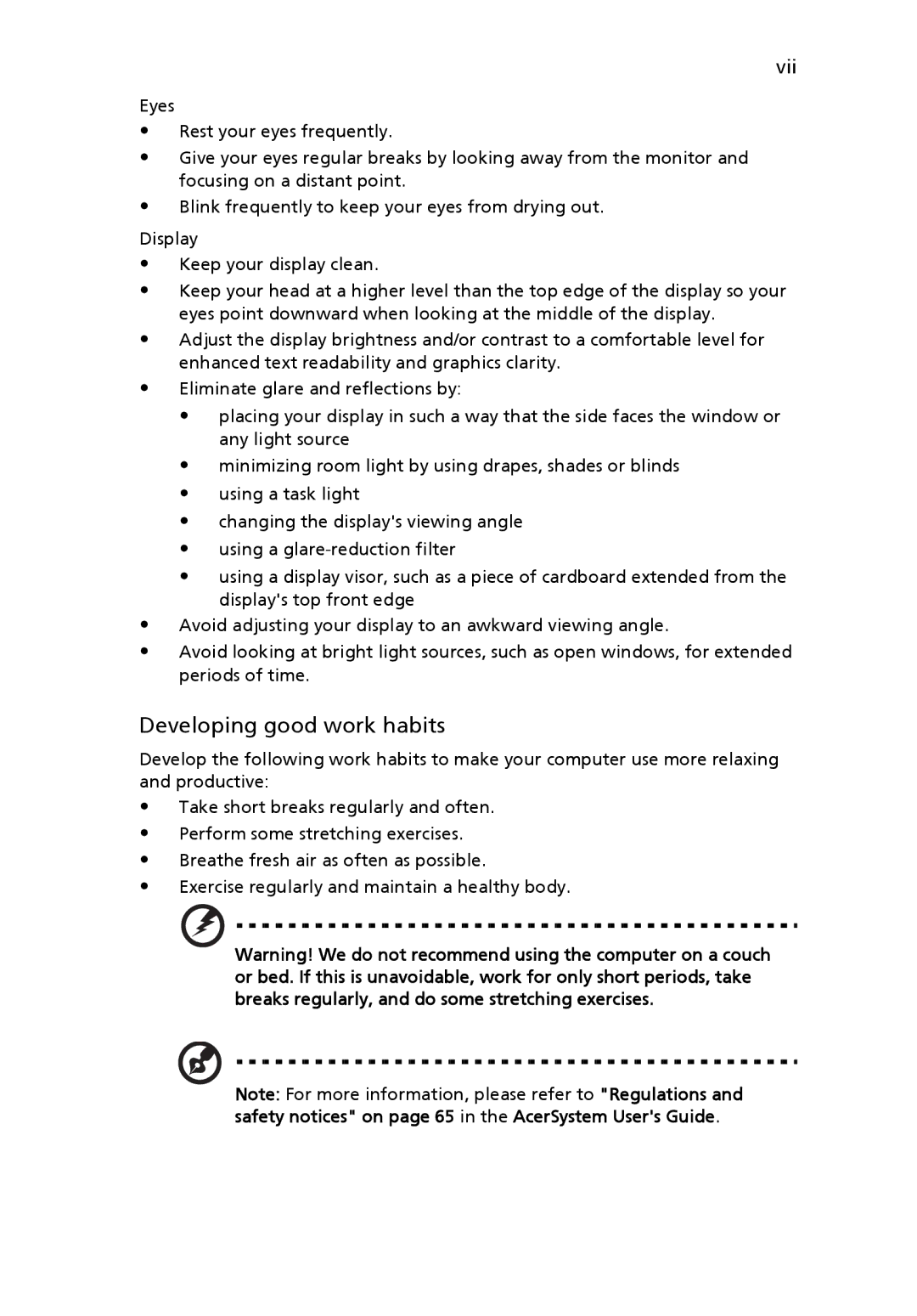 Acer 2440 Series manual Developing good work habits, Vii 