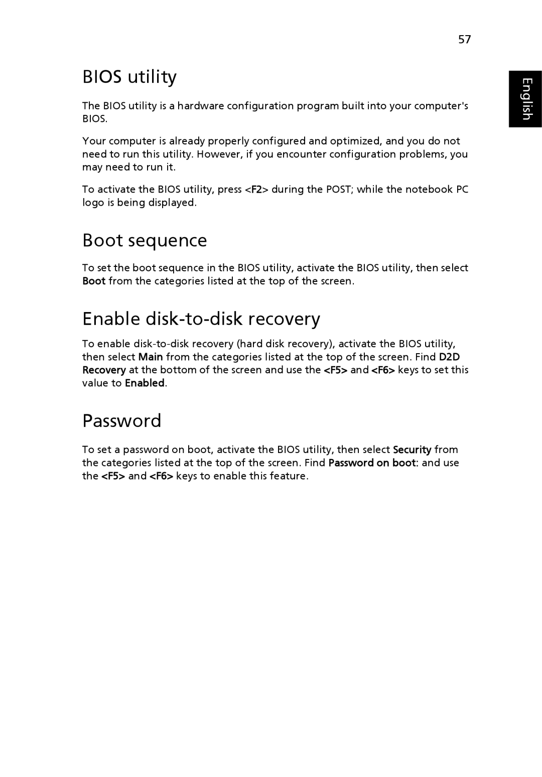 Acer 2440 Series manual Bios utility, Boot sequence, Enable disk-to-disk recovery, Password 