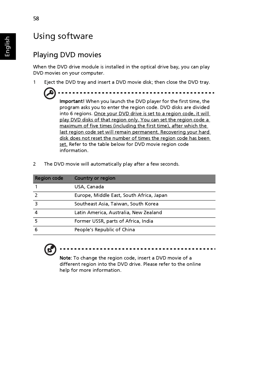 Acer 2440 Series manual Using software, Playing DVD movies, Region code Country or region 