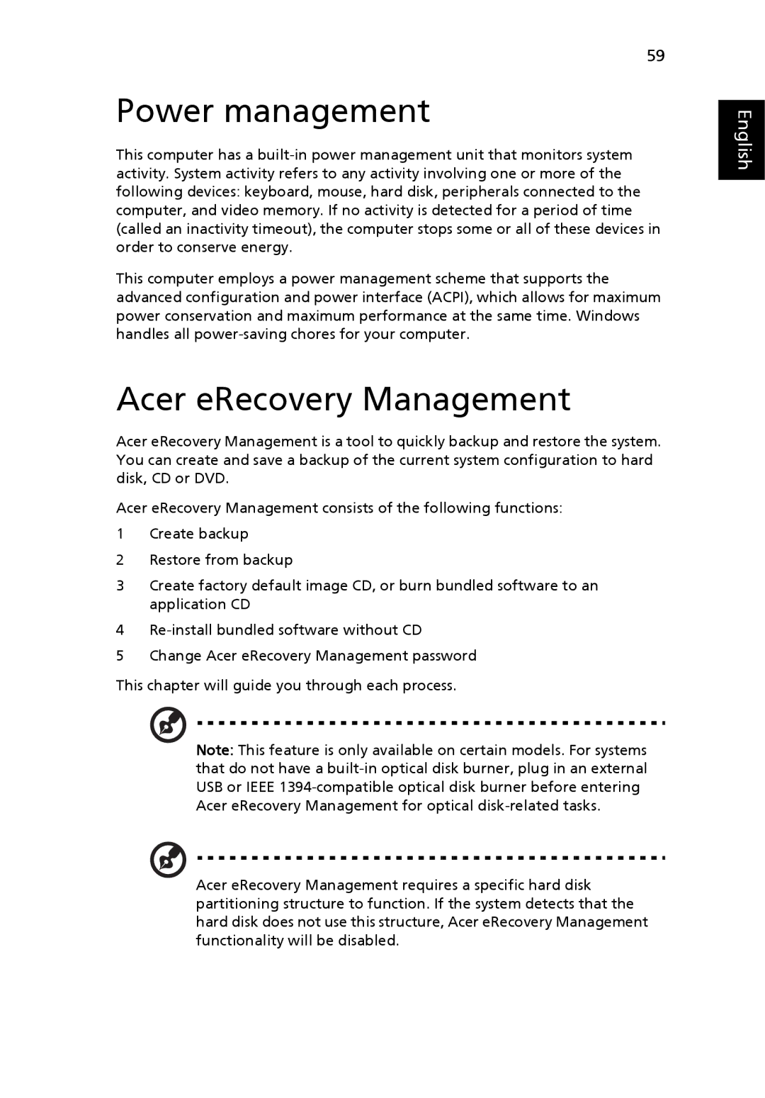 Acer 2440 Series manual Power management, Acer eRecovery Management 