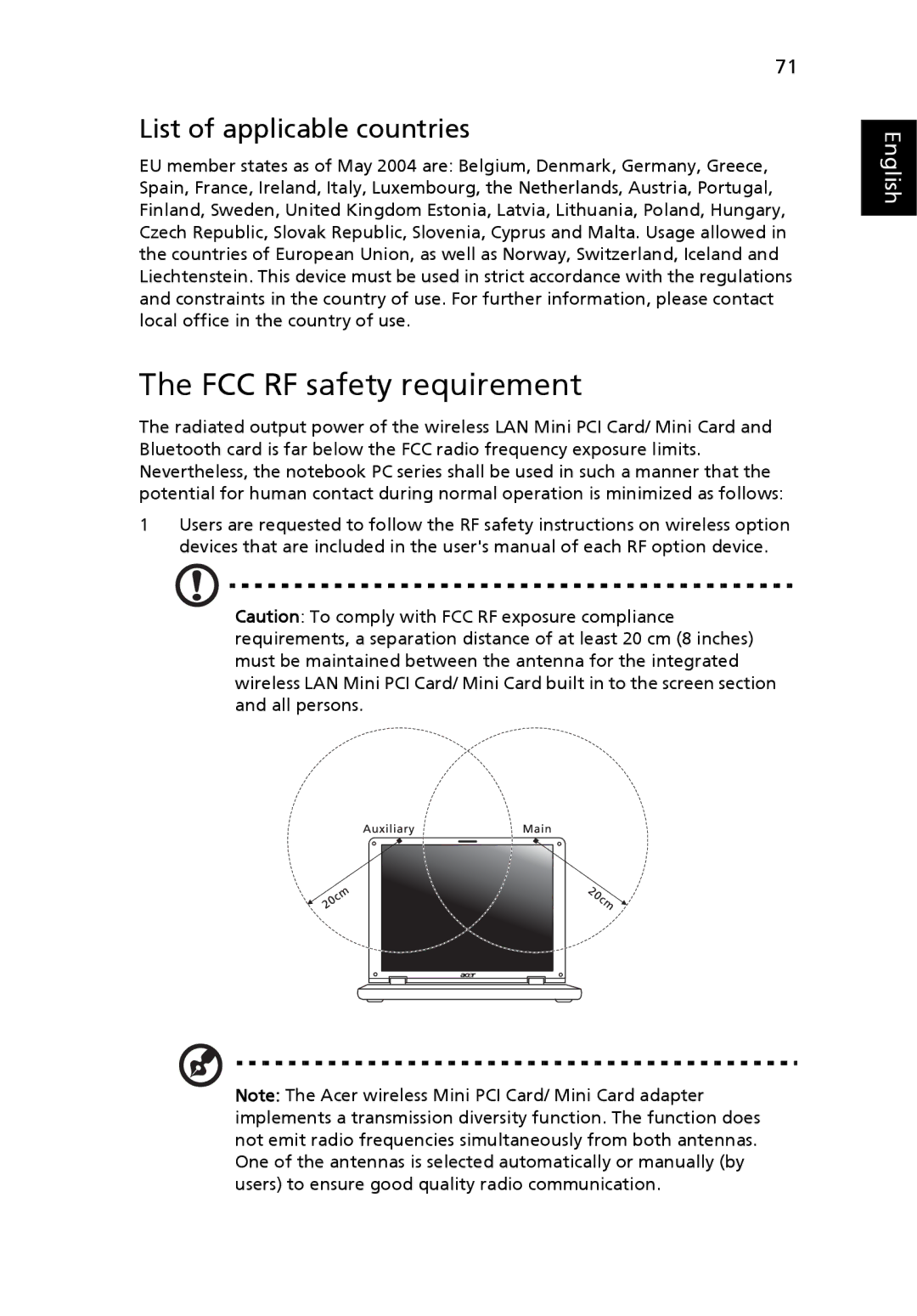 Acer 2440 Series manual FCC RF safety requirement, List of applicable countries 