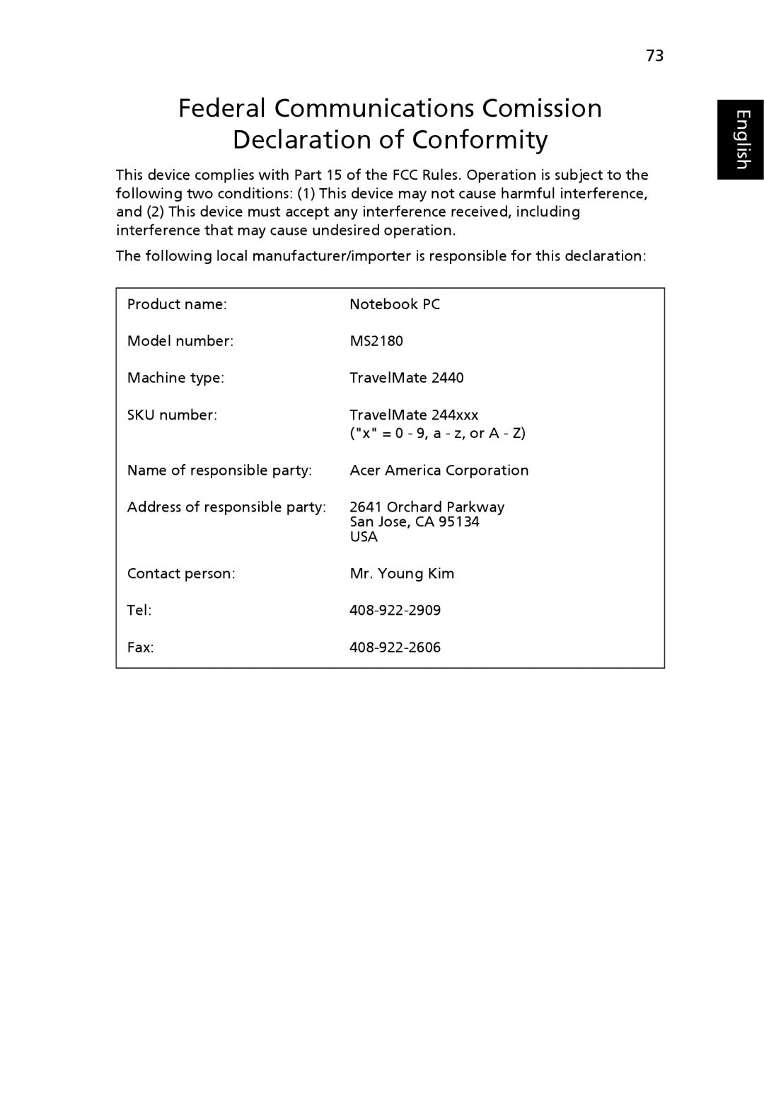 Acer 2440 Series manual Federal Communications Comission Declaration of Conformity 