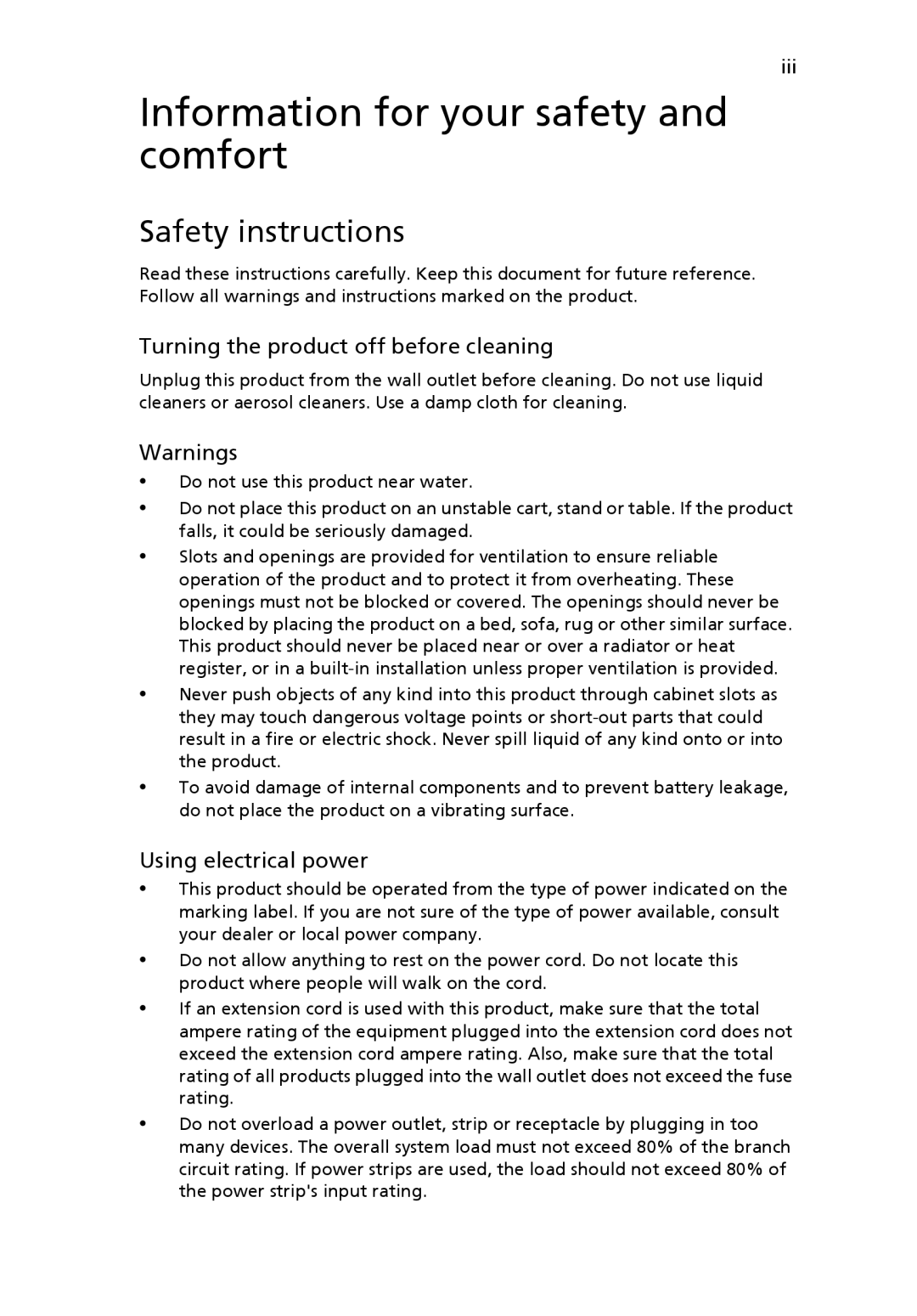 Acer 2450 manual Information for your safety and comfort, Safety instructions, Turning the product off before cleaning 