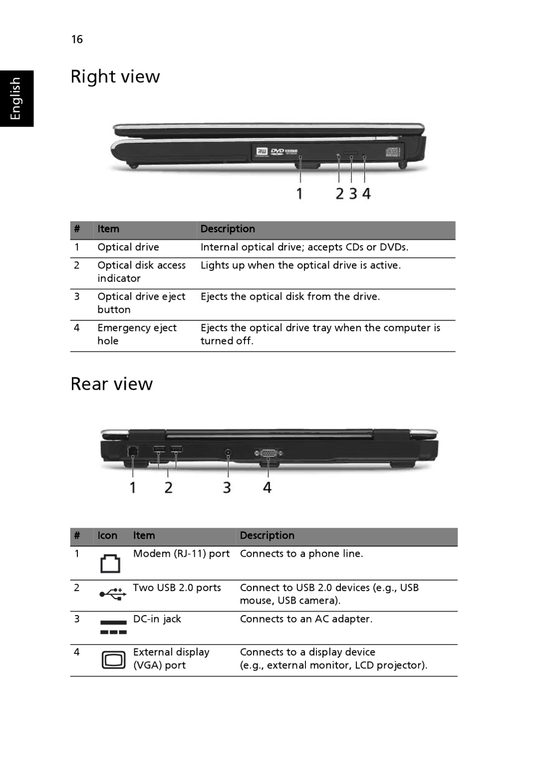 Acer 2450 manual Right view, Rear view, Icon Item Description 