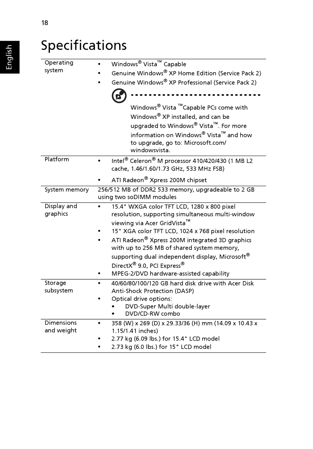 Acer 2450 manual Specifications 