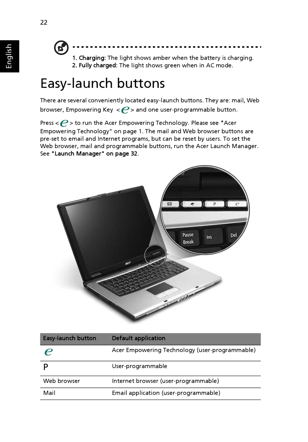 Acer 2450 manual Easy-launch buttons, Easy-launch button Default application 