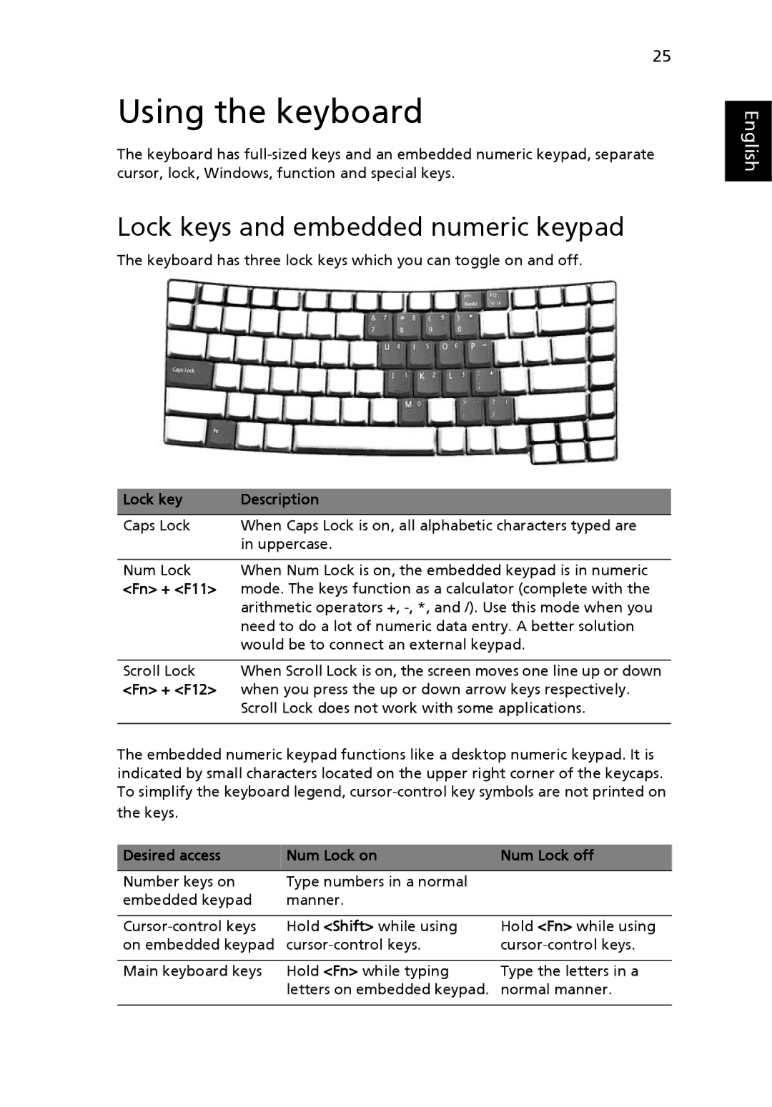 Acer 2450 manual Using the keyboard, Lock keys and embedded numeric keypad 