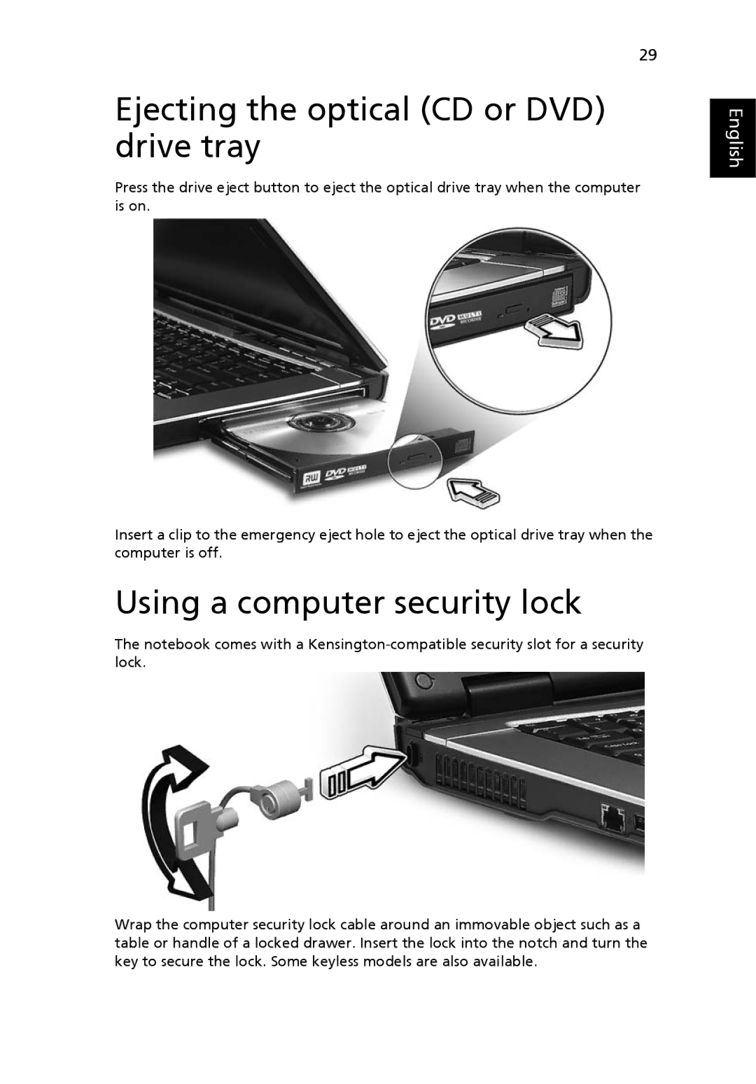 Acer 2450 manual Ejecting the optical CD or DVD drive tray, Using a computer security lock 