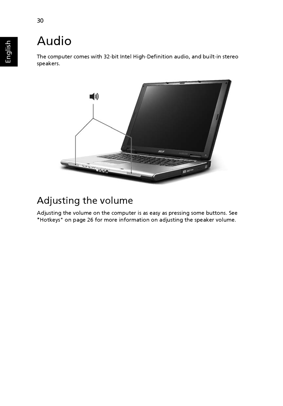 Acer 2450 manual Audio, Adjusting the volume 