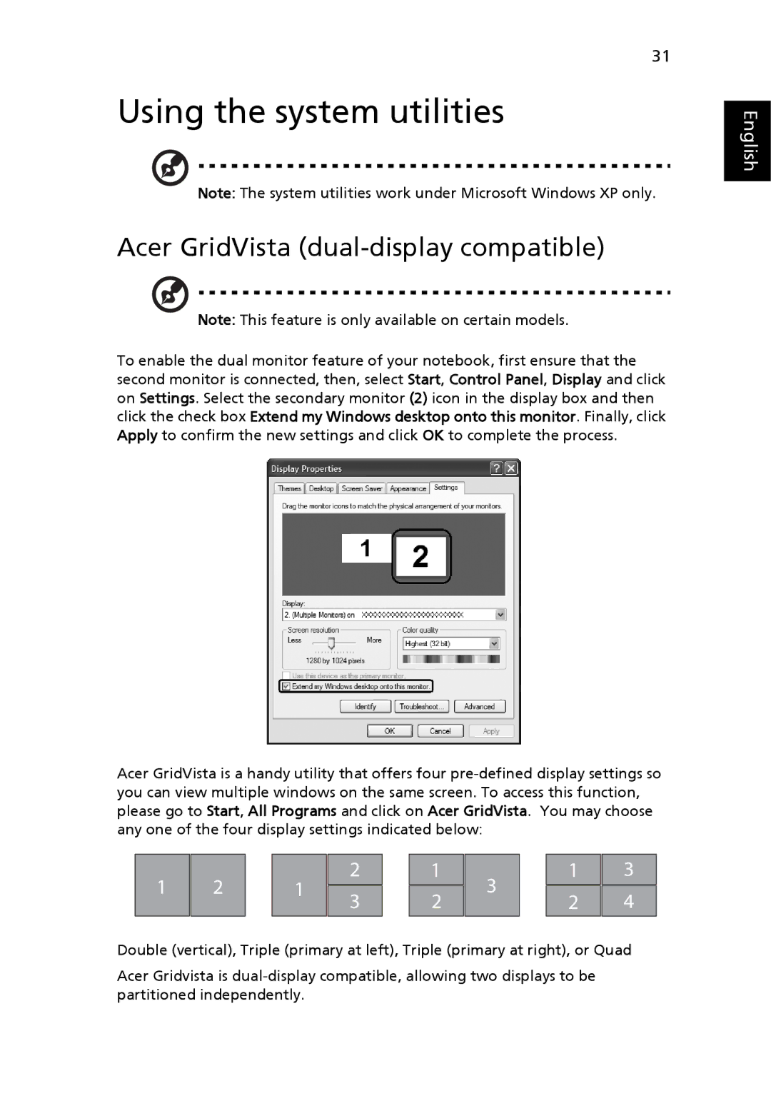 Acer 2450 manual Using the system utilities, Acer GridVista dual-display compatible 