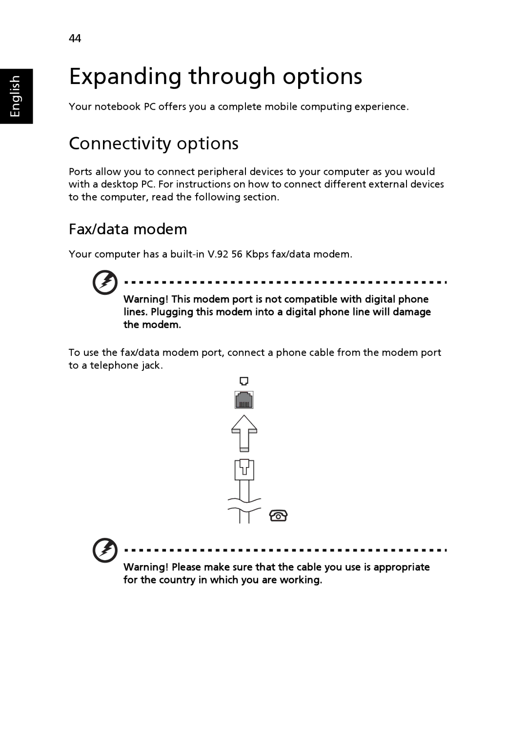 Acer 2450 manual Expanding through options, Connectivity options, Fax/data modem 