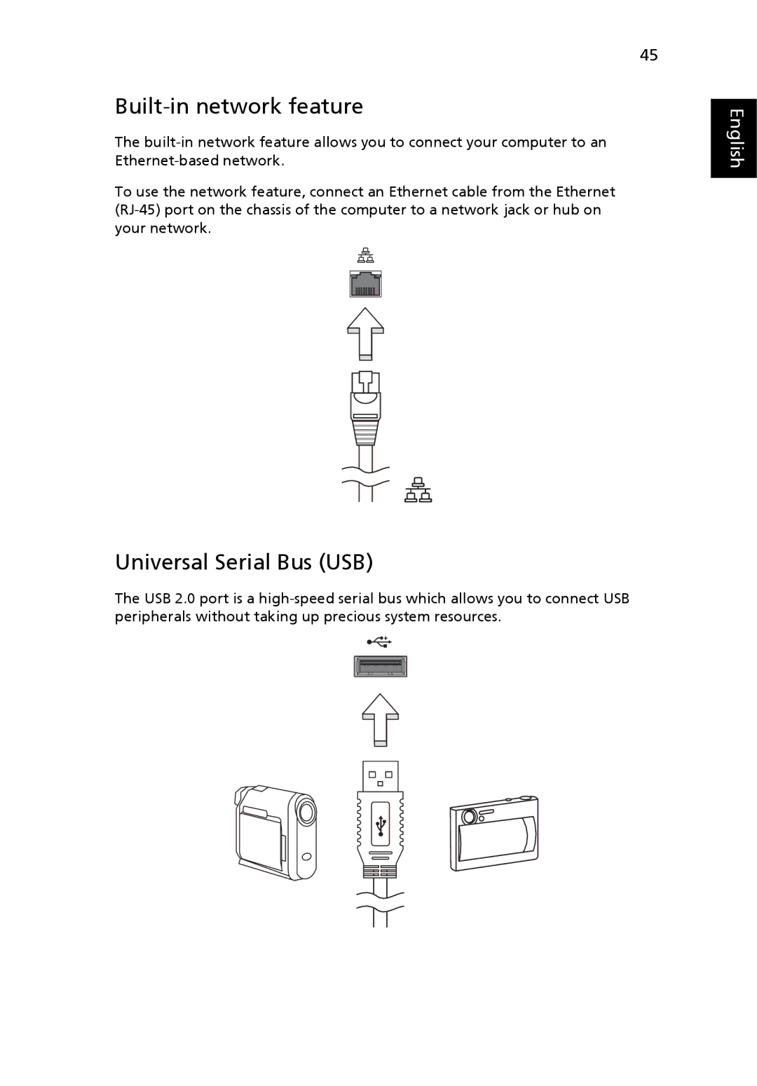 Acer 2450 manual Built-in network feature, Universal Serial Bus USB 