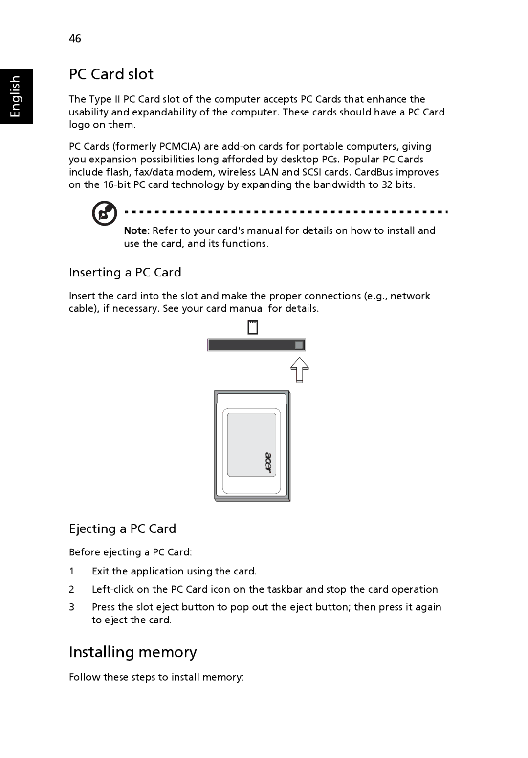 Acer 2450 manual PC Card slot, Installing memory, Inserting a PC Card, Ejecting a PC Card 