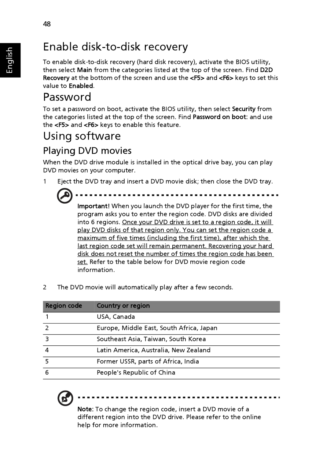 Acer 2450 manual Enable disk-to-disk recovery, Password, Using software, Playing DVD movies, Region code Country or region 